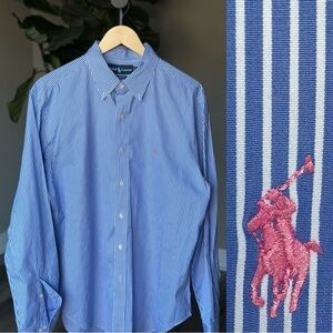 NWOT Ralph Lauren Classic Fit 16.5 34/35 Blue White Pink Striped Button Down